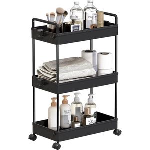 3-laags opbergtrolley kar uitschuifbare slanke rollende boodschappenkar mobiele opslag rekken organizer voor keuken, badkamer, wasruimte, slaapkamer, smalle plaatsen, kunststof, zwart