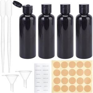 Zwarte Reisflessen Knijpbare Lekvrije Plastic 3.4 oz/100 ml - Set van 6, inclusief Trechter, Druppelaar en Labelstickers - Voor Cosmetica .