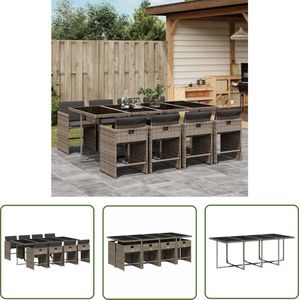 The Living Store 9-delige Tuinset met kussens poly rattan grijs - Tuinset - Buitendecoratie - Lounge Set - Eetkamerset - Patio Furniture