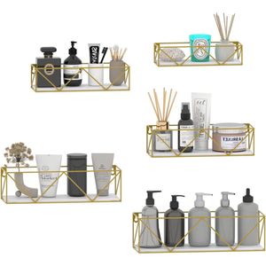 Set van 5 wandplanken, zwevend rek met gouden metalen staven en witte houten plank, moderne wandplank voor keuken, badkamer, slaapkamer, woonkamer en kantoor (W-vormig)