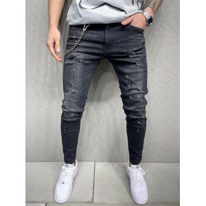 Mannen Stretchy Ripped Skinny Biker Borduurwerk Cartoon Print Jeans Vernietigd Hole Slim Fit Denim Hoge Kwaliteit Jeans - W31