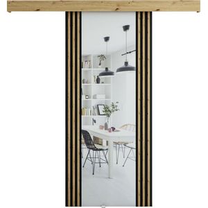 InspireMe - Schuifdeursysteem met rail en spiegel - 90x204cm - ZEBRA II - Zwart + Artisan Eik met Soft-Close system