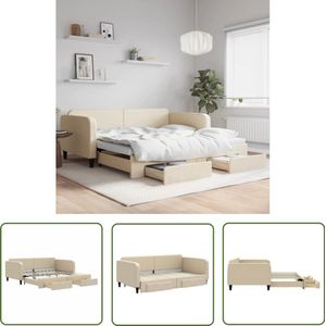 The Living Store Slaapbank met onderschuifbed en lades 100x200 cm stof crème - Slaapbank - Tweepersoonsbed - Sofa Bed - Opvouwbare Bank - Bankstel