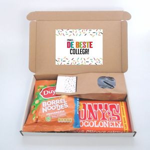 Voor de beste collega - brievenbuscadeau -bedankje, bedankt cadeautje, afscheid - Tony Chocolonely caramel zeezout - dropmix - Duyvis borrelnootjes