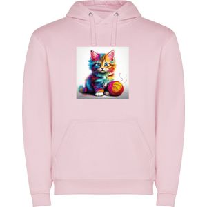 Zacht Roze unisex hoodie met “ Kleurrijke Kitten met bol wol“ Print Full merk Roly maat 116 5/6 jaar