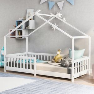 Gutent Kinderbed, Wit (Zonder matras), 90x200 cm, Huisstijl, Massief Hout, met hek en lattenbodem, met valbeveiliging, geschikt voor kinder- en tienerkamers