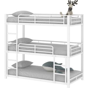 Merax 90x200 cm Metalen Driepersoons Stapelbed – Wit - Voor Kinderen - Jongeren en Volwassenen