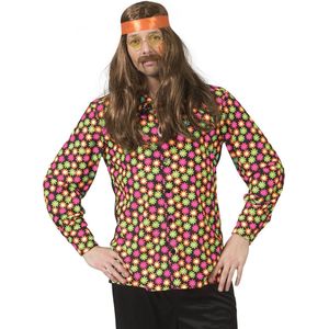 Funny Fashion - Hippie Kostuum - Fluor Flower Power Goes Disco Shirt Man - Geel, Roze - Maat 48-50 - Carnavalskleding - Verkleedkleding