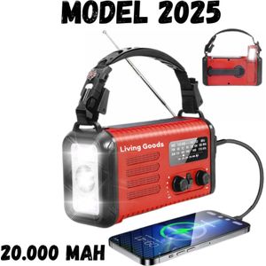 Living Goods - Noodradio - Solar Opwindbaar 20.000mAh - MODEL 2025 - Solar powerbank Zonneenergie - Survival Noodpakket - Zaklamp Oplaadbaar - Noodpakket – Noodrantsoen - Rood