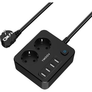 6-in-1 Stekkerdoos met USB - Schakelaar - 4000W - 2 Stopcontacten - 4 USB Poorten - Overspanningsbeveiliging - Zwart Stekkerdoos