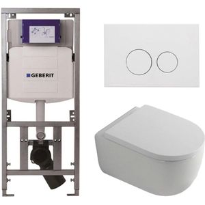 QeramiQ Dely Swirl Toiletset - 36.3x51.7cm - Geberit UP320 Burda inbouwreservoir - 35mm zitting - mat witte metalen bedieningsplaat - ronde knoppen - wit glans
