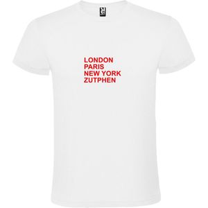 Wit T-Shirt met “ LONDON, PARIS, NEW YORK, ZUTPHEN “ Afbeelding Rood Size XS