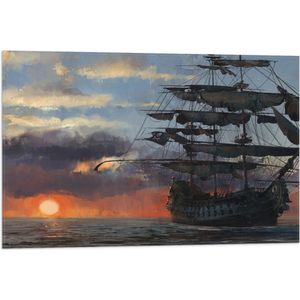 WallClassics - Vlag - Groot Piratenschip op Zee met Zon - 75x50 cm Foto op Polyester Vlag
