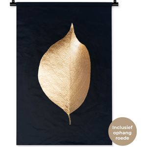 Wandkleed Golden leaves staand - Gouden blad met een punt op een zwarte achtergrond Wandkleed katoen 60x90 cm - Wandtapijt met foto
