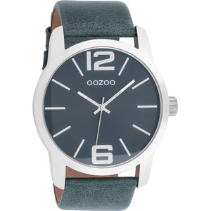 OOZOO Timepieces - Zilverkleurige horloge met blauwe leren band - C8034