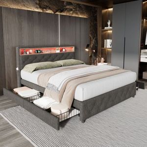 Gestoffeerd bed, 160*200, met lattenbodem en hoofdbord, LED-bed, nachtkastje USB-interface, zakontwerp aan beide zijden van het nachtkastje, met 4 laden, zonder matras, linnen, grijs