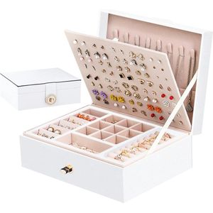 Sieradendoosje voor tienermeisjes, sieradenkistje oorbellen met 2 niveaus, sieradenkistje, oorbellen, meisjes, PU-leer, sieradendoos voor oorbellen, ringen, armbanden, wit