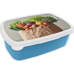 Broodtrommel Blauw - Lunchbox Papieren - Boodschappen - Groente - Kleurrijk - Brooddoos 18x12x6 cm - Brood lunch box - Broodtrommels voor kinderen en volwassenen