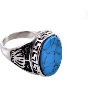 Zegelring Heren - Stalen Zilver Kleur - Ring met Turquoise Steen
