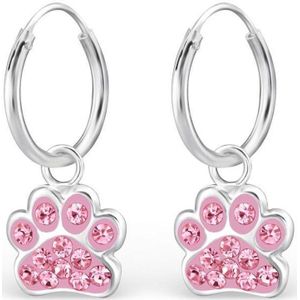 zilver kinder oorbellen meisje met hondenpoot 24 roze kristal steentjes hanger | Dierenpoot poot Oorringen Meisje Zilver | Zilverana | 925 Silver (Echt zilver)