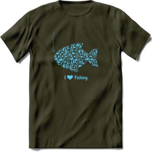 I Love Fishing - Vissen T-Shirt | Blauw | Grappig Verjaardag Vis Hobby Cadeau Shirt | Dames - Heren - Unisex | Tshirt Hengelsport Kleding Kado - Leger Groen - XXL