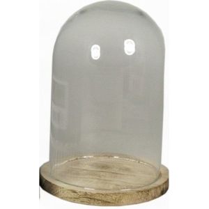 Glazen decoratie sier stolp op houten plateau 22 cm - Home Deco stolpen - Woonaccessoires