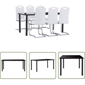 The Living Store Eetset Tafel - Glas - Metaal - 160 x 80 x 75 cm - Zwart 6 Stoelen - Kunstleer - Staal - 42 x 52 x 100 cm - Wit