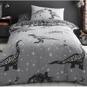 1-persoons jongens dekbedovertrek “space dinosaurus” grijs / antraciet / wit met dinosauri�ërs (T-rex dino) en skelet in de ruimte tussen sterren eenpersoons 140 x 200 cm (stoer beddengoed voor kinderen / cadeau idee jongens slaapkamer)