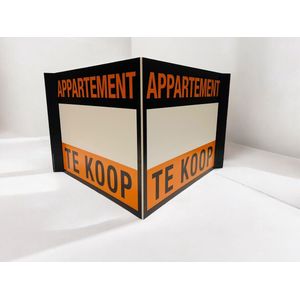 Raambord / Immobord / Makelaarsbord/ Vouwbord ""Appartement te koop"" - 140 x 50 cm - Kanaalplaat - Inclusief sterke dubbelzijdige tape - Zwart/Oranje