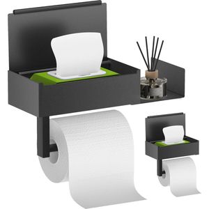 Toiletpapierhouder zonder boren met vak voor vochtige doekjes in roestvrij staal, mat zwart