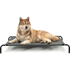 Outdoor hondenbed verhoogd, stabiel huisdierbed met goede luchtcirculatie beschermt tegen kou van de vloer, 117 x 85 cm, afneembare overtrek van ademend netweefsel, robuust metalen frame, grijs