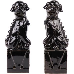 Fine Asianliving Chinese Foo Dogs Set/2 Porselein Zwart Handgemaakt D10xH27cm