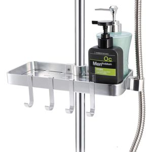Aluminium doucheplank zonder boren - geschikt [24 mm-25 mm] douchestang in hoogte verstelbaar, doucheplanken hangende badkamerplanken voor badkamer zeep shampoo conditioner met houderstandaard, 4 haken