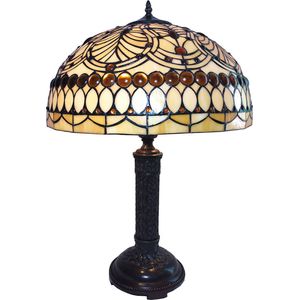 HAES DECO - Tiffany Tafellamp Ø 46x62 cm Beige Glas Tiffany Bureaulamp Tiffany Lampen Glas in Lood