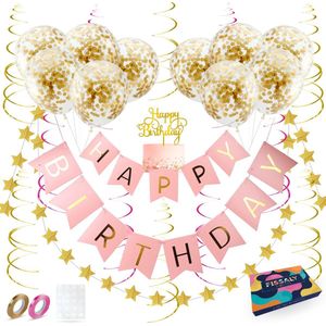 Fissaly Verjaardag Slinger Roze & Goud met Papieren Confetti Ballonnen – Decoratie – Happy Birthday - Letterslinger