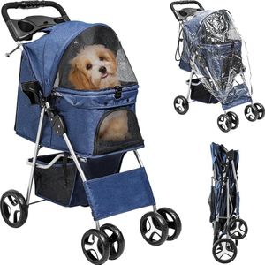 Hondenwagen, kattenwagen met opbergmand, 4 wielen, opvouwbare hondenbuggy, draagbare huisdierwagen, licht, praktisch, afneembaar (blauw)