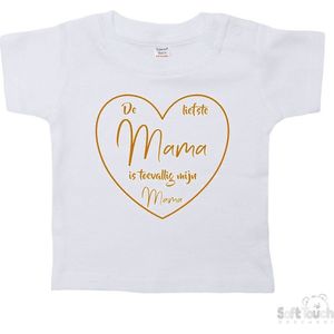 Soft Touch T-shirt Shirtje Korte mouw ""De liefste mama is toevallig mijn mama"" Unisex Katoen Wit/tan Maat 62/68
