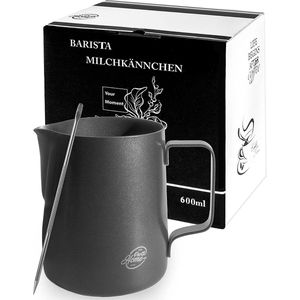 Barista RVS melkkan zwart antraciet 600 ml (ook 350 ml) met latte art pen / melkschuimkan in geschenkverpakking