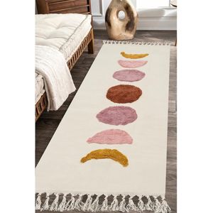 Boho halloper tapijt 60 x 150 cm, wasbaar tapijt, beige maan-katoenen tapijt met kwastjes, laag vloerkleed voor slaapkamer, woonkamer, entree