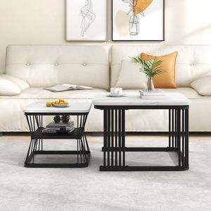 Moderne Nesting Side End Table-PVC in marmerlook-vierkante bijzettafels set van 2-zwarte metalen stalen buizen-Grote en kleine tafel Diameter 65cm en 45cm
