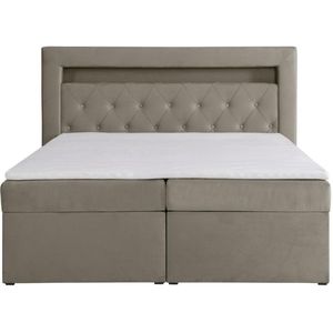 Vente-unique Complete set decoratief bed met hoofdbord met ledverlichting + bedbodems met opbergruimte + matrassen + dekmatrassen - 180 x 200 cm - Velours - Taupegrijs - ORANA van YSMÉE L 212 cm x H 120 cm x D 210 cm