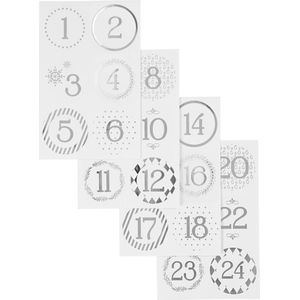 Kerstkalender cijfer stickers - zilver - wit - d: 40 mm - 9x14 cm - 4 vel