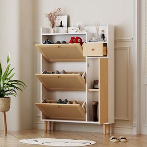 Sweiko Houten schoenkast van rotan geschikt voor smalle ingangen ,3 kanteldeuren en 1 lade met massief houten poten en handvatten, afmetingen: B90/H125/T17 cm