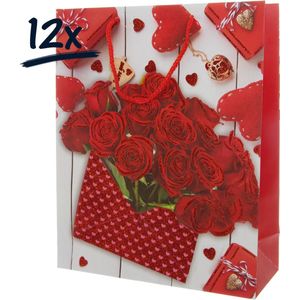 12x Stevige draagtassen LOVE Valentijn Moederdag Bloemen Rozen (23x26x12)cm zak cadeautasje gift bag verpakking