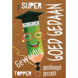 Supergoed gedaan, je bent geslaagd! Geweldig, je bent een topper. Een feestelijke wenskaart met een blij potlood. Een dubbele wenskaart inclusief envelop en in folie verpakt.