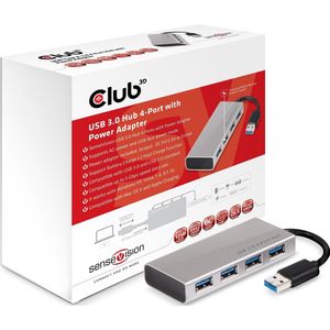 club3D CSV-1431 USB 3.2 Gen 1-hub 4 poorten Met aluminium behuizing, Met snellaadpoort Aluminium (geborsteld)