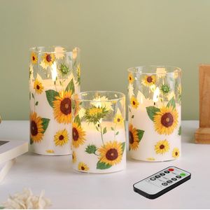 Zonnebloemkaarsen met afstandsbediening - glas flikkerende vlamloze LED - pijlerkaarsen ∅ 3 ""H 4"" 5"" 6