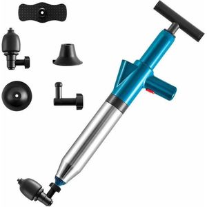 Professionele Luchtdruk Pomp Ontstopper - 4 Ontstoppingskoppen - Luchtdruk Meter - RVS - Gootsteenontstopper - Toilet - WC - Afvoer - Rioolontstopper - Ontstoppingsveer - Plopper - 0-8 Bar - Blauw