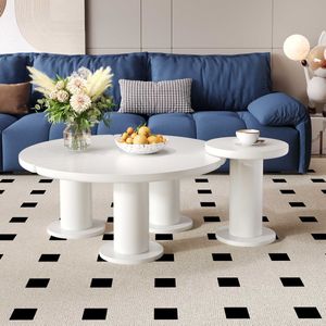 Sweiko Ronde salontafel set, gelakt MDF tafelblad en PVC poten, witte salontafel set in crème stijl, 39,8 x 39,8 x 42,2 + 100 x 100 x 40 cm
