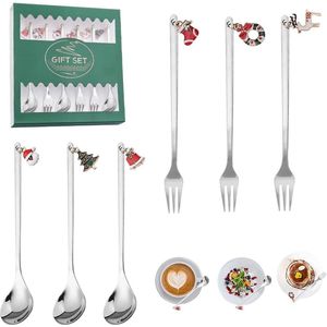 Set van 6 Kerst koffielepels en vorken set, 3 lepels en 3 vorken, Roestvrijstalen menglepel, Dessertlepel, Theelepel, Tafelvork, Kerstbestekset voor thee soep, Geschenkdoos verpakking.